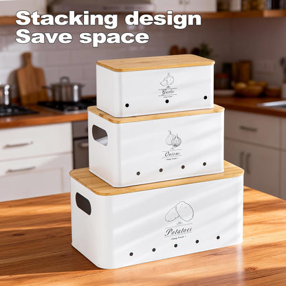 Potato Onion and Garlic Storage Bin Set of 3, Black Metal Kitchen Vegetable Canisters with Bamboo Lid and Aerating Holes, Stackable Kitchen Storage Tin for Countertop Pantry