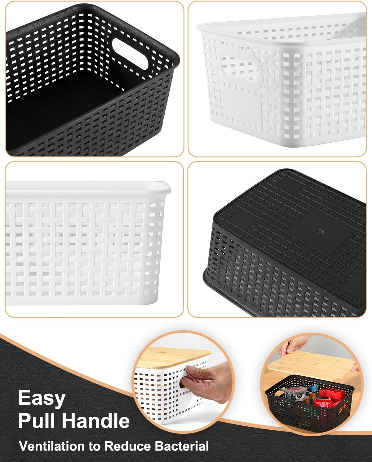EOENVIVS Plastic Storage Baskets with Bamboo Lids for Pantry Organization and Storage Containers Bins for Shelves Drawers Desktop Closet Playroom Classroom Office Home, 6 Pack,White