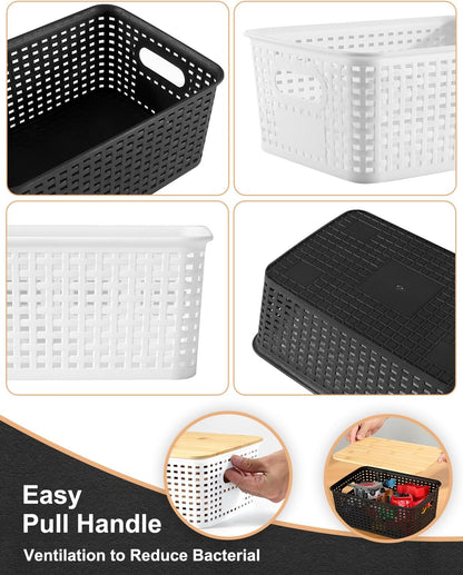 EOENVIVS Plastic Storage Baskets with Bamboo Lids for Pantry Organization and Storage Containers Bins for Shelves Drawers Desktop Closet Playroom Classroom Office Home, 6 Pack,White