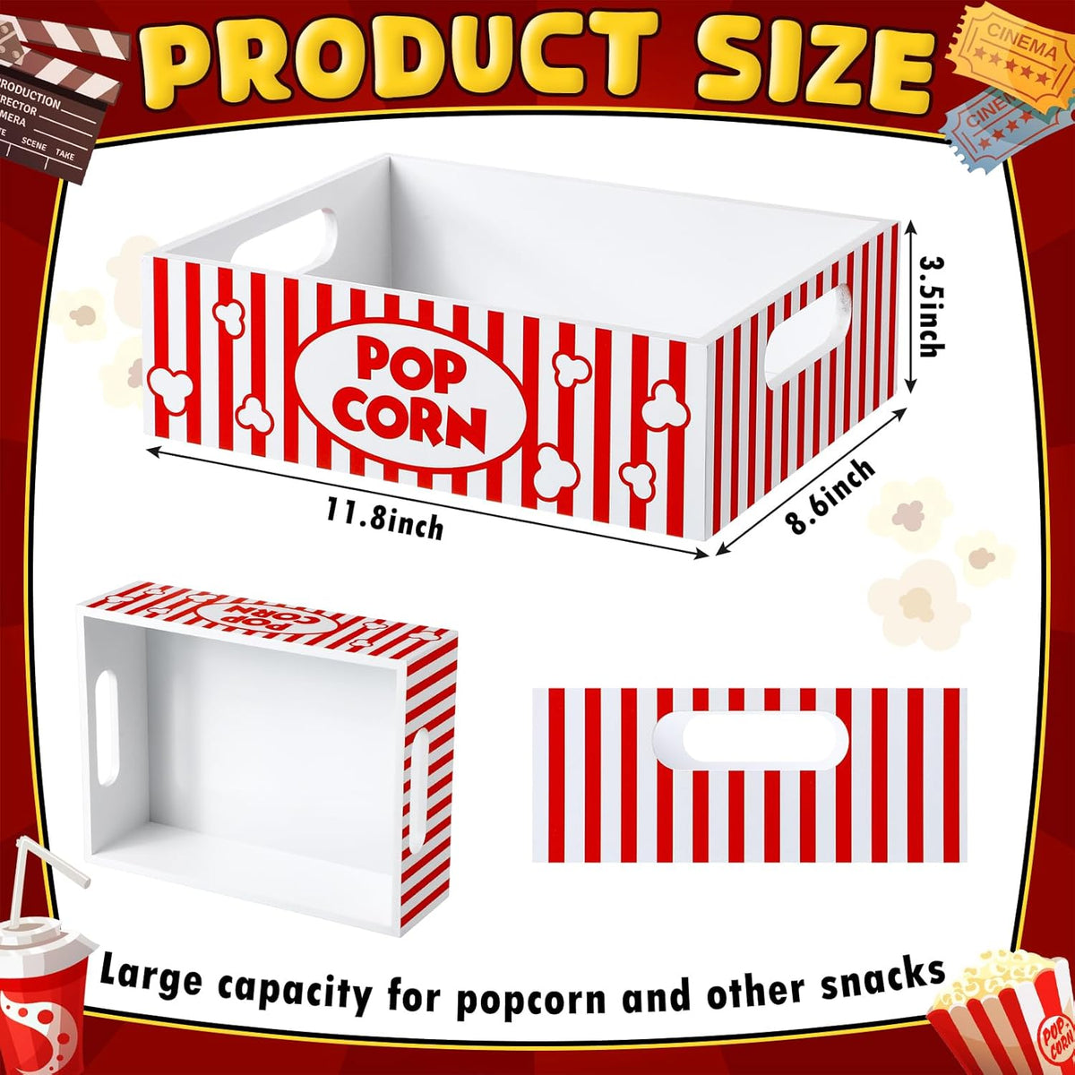 Movie Night Supplies Snack Trays with Handles Reusable Wooden Movie Gift Basket for Theater Popcorn Bucket Bowl Box Container Family Room Decor(Classic Style)