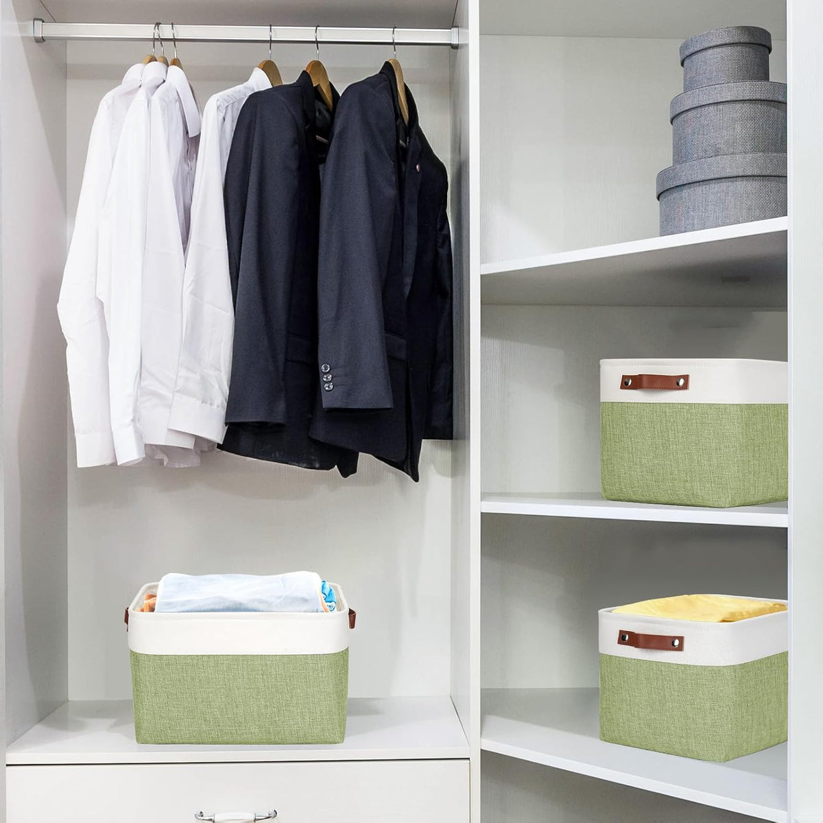 Bagnizer Large Fabric Storage Baskets | 50L Storage Bins, Decorative Linen Closet Baskets with Handles for Organizing, Shelf, Toys, Clothes, Home, Office, Nursery, 17x12x15Inches (Grey&White)