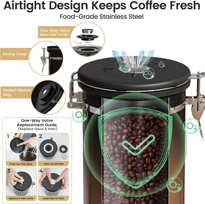 Veken Coffee Canister with Window, Family Choice Awards Winner, Airtight Stainless Steel Home Kitchen Food Storage Container with Lids for Grounds, Beans, Tea, Flour,Cereal,Sugar Jars,Scoop,16OZ,Black
