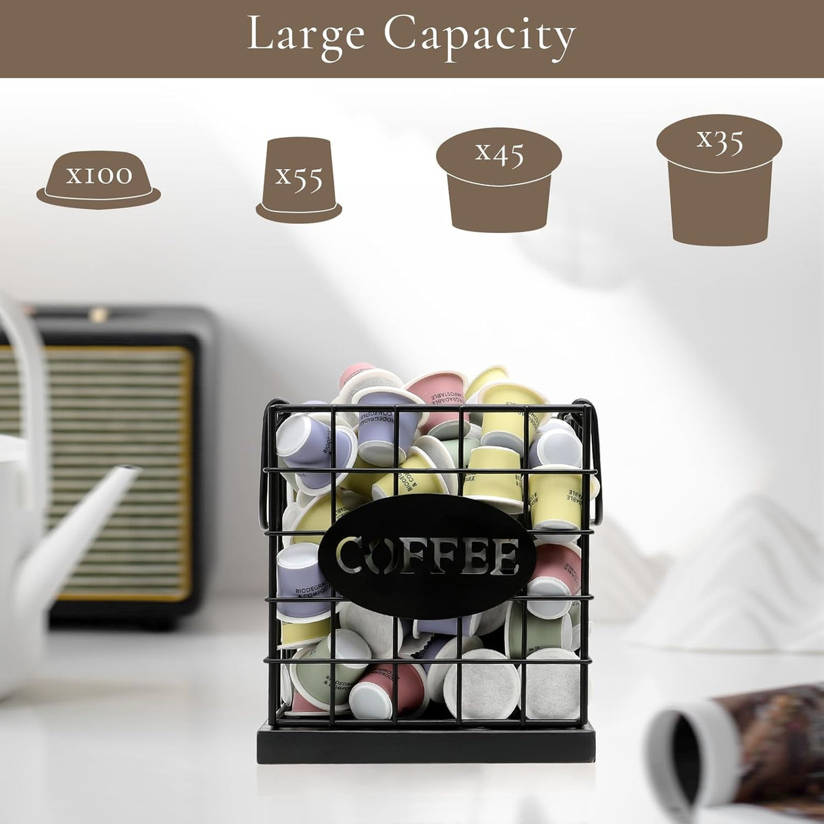 Coffee Pod Holder Organizer,Large Capacity K Cup Holder Organizer, Storage Basket for Kitchen Countertop Office Coffee Bar with Wooden Base(Rustic Brown-Square)