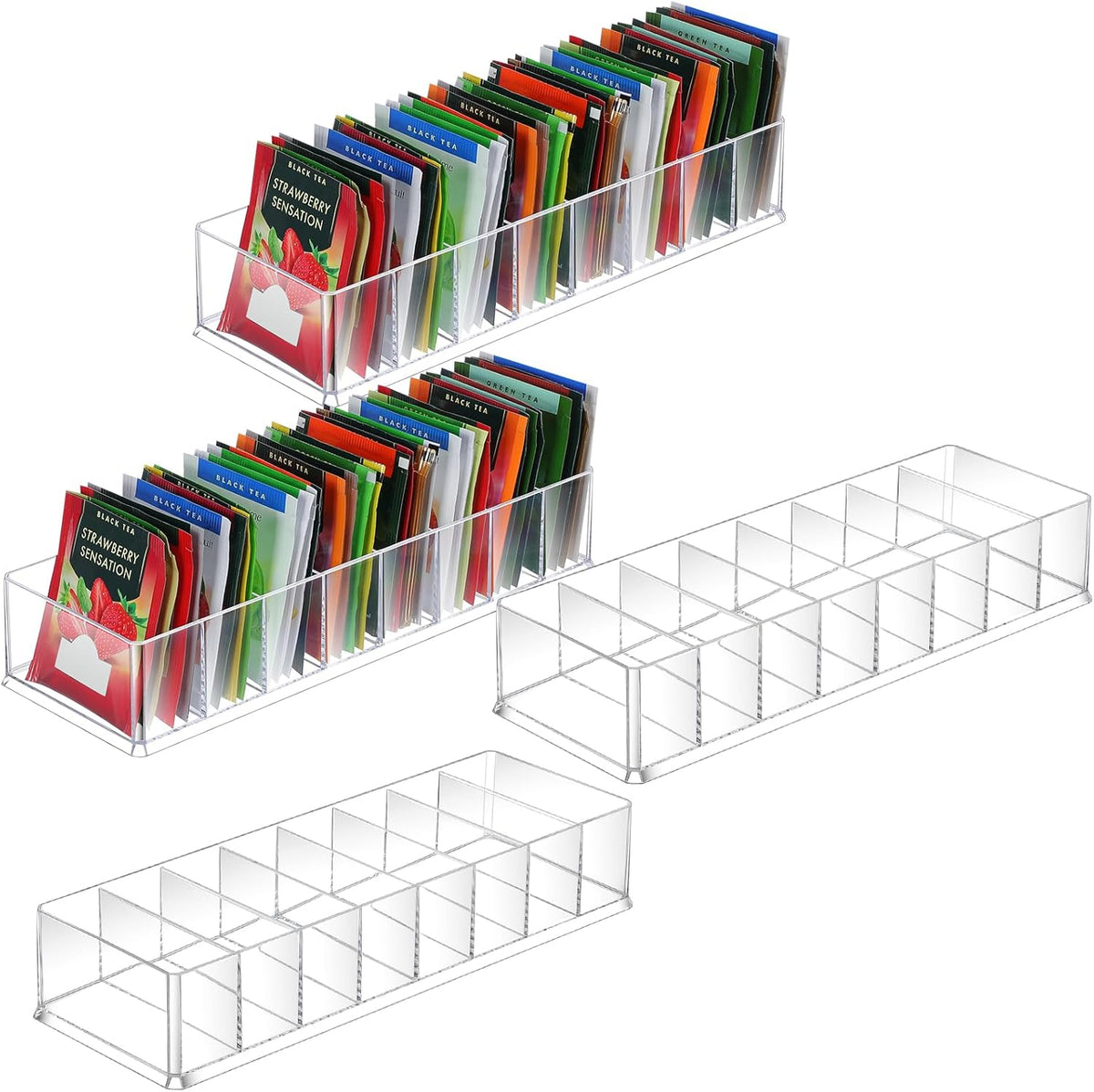 Cinnvoice 4 Pcs Tea Bag Storage Acrylic Clear Tea Drawer Organizer for Drawers, Kitchen, Cabinets, Pantry, Countertops Tea Organizer