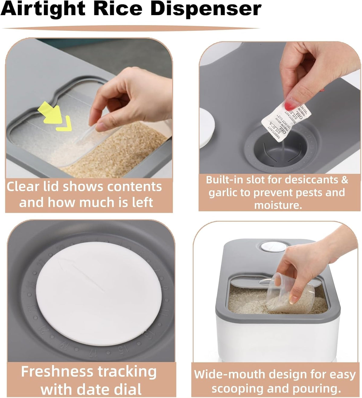 Rice Storage Container, 11 Lbs Plastic Airtight Rice Dispenser with Measuring Cup, Dry Food Storage Bucket Box with Lid, Flour Bin Pet Food Container, Kitchen Organizer for Grain Cereal, White