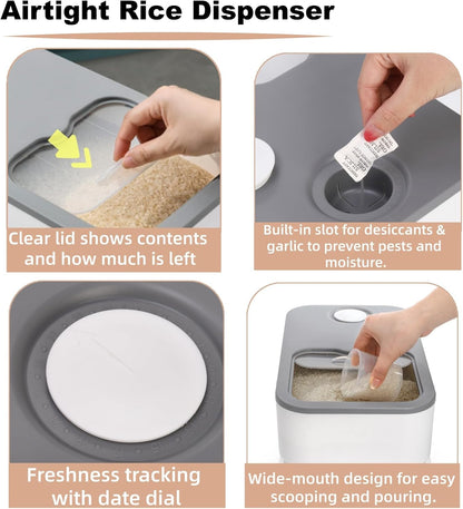 Rice Storage Container, 11 Lbs Plastic Airtight Rice Dispenser with Measuring Cup, Dry Food Storage Bucket Box with Lid, Flour Bin Pet Food Container, Kitchen Organizer for Grain Cereal, White