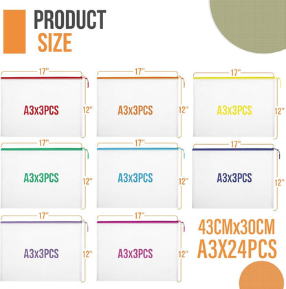 YOPCDJ 24pcs Mesh Zipper Pouch File Bags Puzzle Storage Bags, A3 17x12 Inches Large Reusable Zipper Pouches for Organizing Classroom Board Game Organization