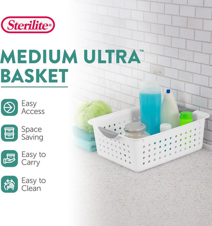 Sterilite 6-Pack Deep Ultra Basket, Open Top Plastic Storage Organizer, White - Classic Baskets for Organizing Countertops, Pantry Shelves, Kitchen Cabinets, Laundry Rooms or Home Offices