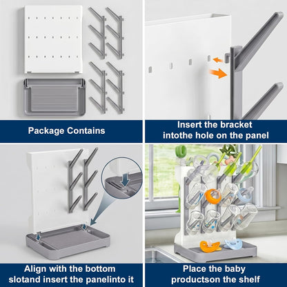 GoMaihe Baby Bottle Drying Rack: Space Saving Vertical Bottle Dryer Holder - Newborn Accessories Storage Stand Organize Brushes Pacifiers on Countertop - BPA-Free - Gray