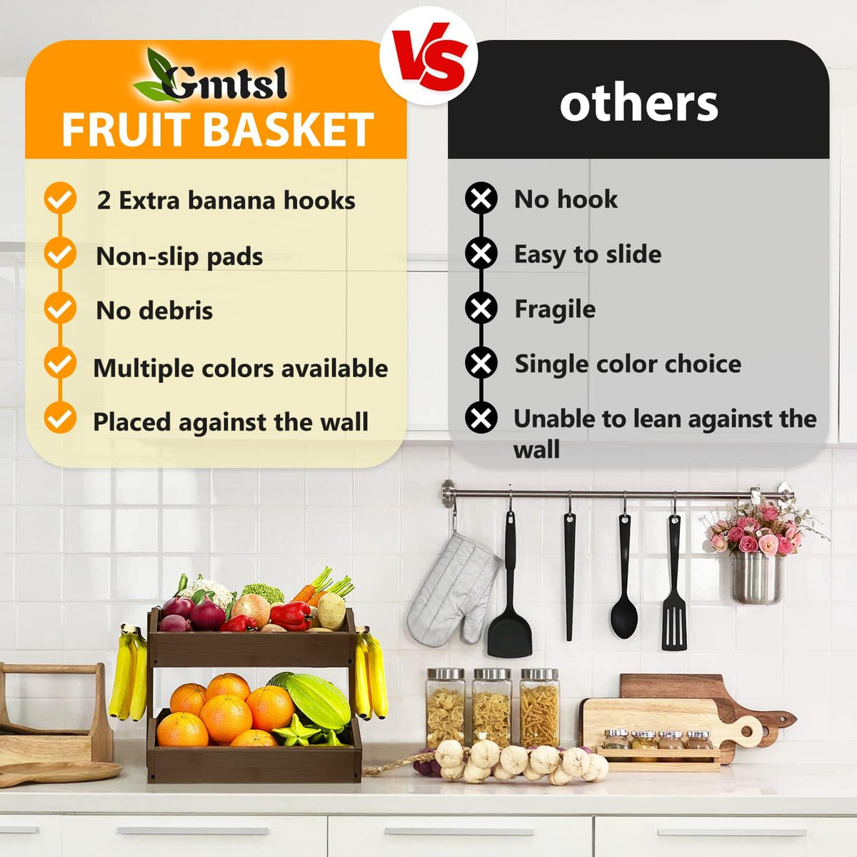 Gmtsl Bamboo Fruit Basket for Kitchen – 3 Tier Fruit Bowl For Kitchen Counter, Large Fruit Holder With 2 Banana Hangers, Idea For Fruit and Vegetable Storage, Bread Basket, Snack Organizer(BLACK)