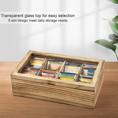 Alsonerbay Wooden Tea Box Tea Bag Holder Kitchen Storage Chest Box for Spice Pouches and Sugar Packets with 8 Compartments and Glass Window Weathered Black
