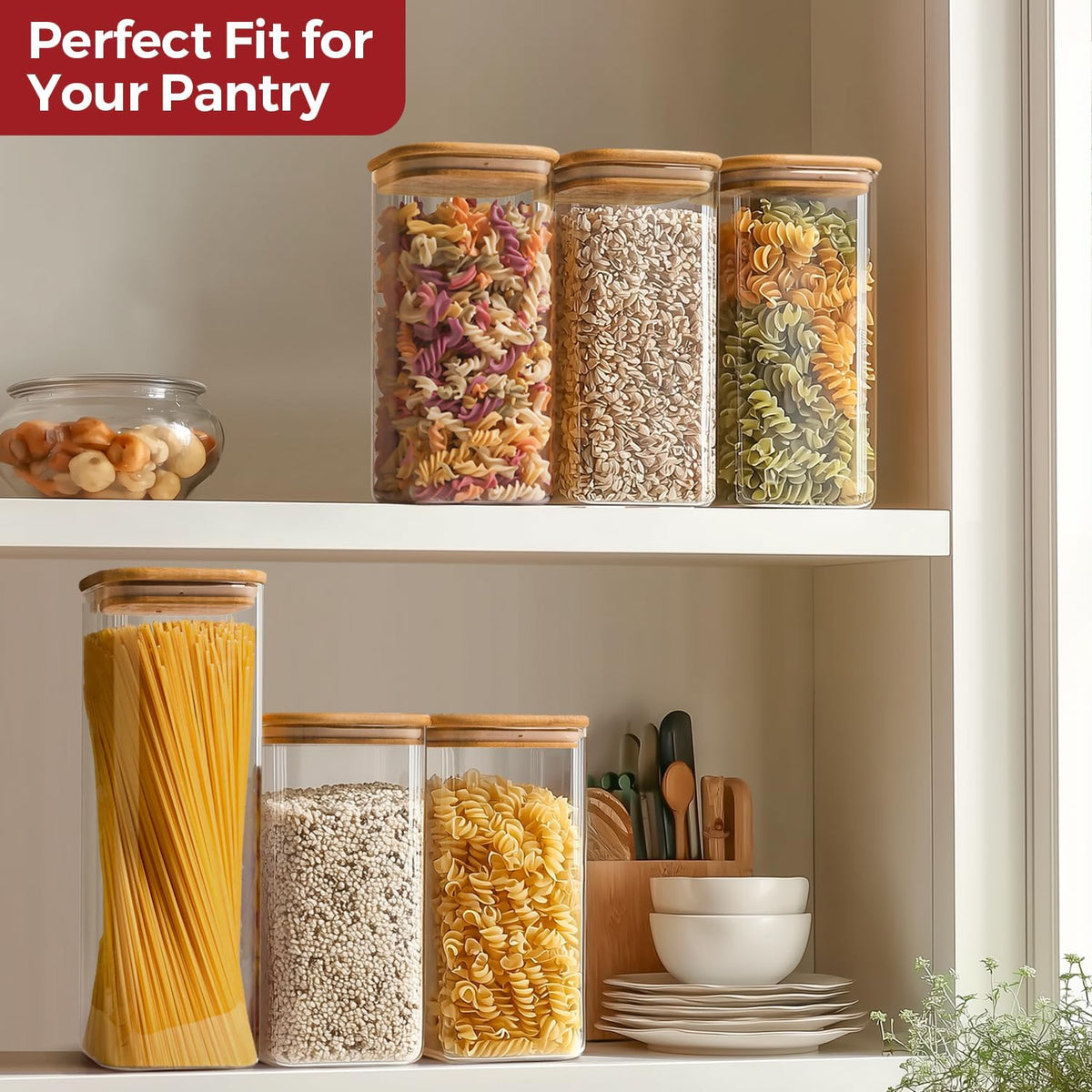 1Qt Airtight Glass Canisters with Bamboo Lid, Square Pantry Storage Containers for Coffee, Cookie, Candy, Snack, Nuts, Dry Goods - Kitchen & Pantry Organizers and Storage Containers