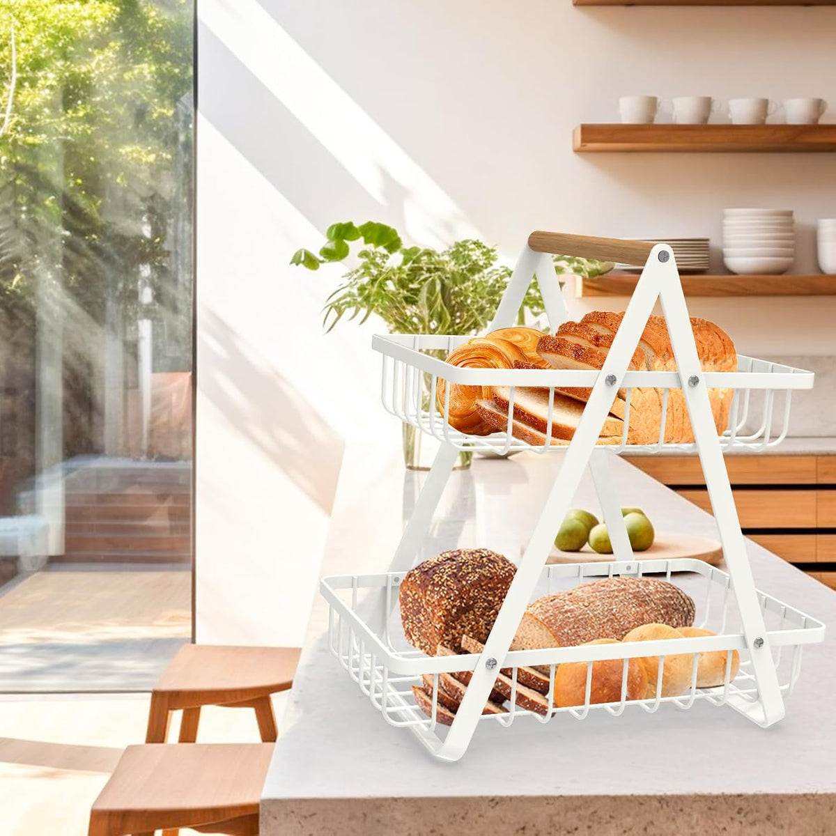 mahueeol 2 Tier Countertop Fruit Basket,Portable Fruit Bowle for Kitchen Organizer Storage & Dining Room Fruits Vegetable Bread Snacks, Detachable Metal Rectangle Basket Storage