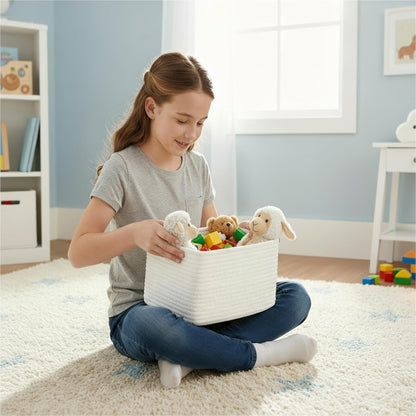 R RUNKA Small Cotton Rope Basket – Storage Bin for Organizing (10.6" x 6.7" x 6.7"), Bathroom Storage Basket for Shelf, Counter & Closet（Beige）