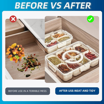 Pure Future Air-Tight Snackle Box Container –Divided Serving Tray with Lid & Handle–Clear Snack box for Fruits, Candy & Nuts–Portable for Travel & Daily Use (8 Inside Containers Dishwasher Safe)
