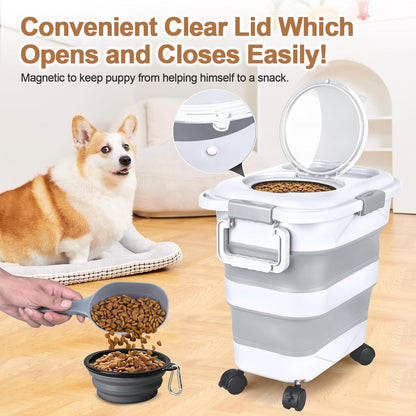 Dog Food Storage Container，10-25 lbs Airtight Collapsible Cat Food Storage Container with Attachable Wheels, Portable Handle, Dog Food Scoop for Dog Cat Bird Pet Dry Food Storage Bin Dark Grey