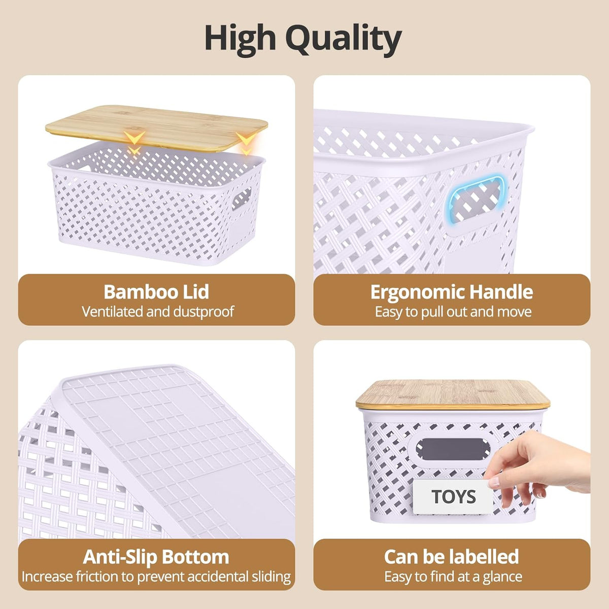 Plastic Storage Bins with Bamboo Lids, Stackable Small Box Baskets for Organizing and Containers for Shelves Drawers Desktop Closet Pantry Classroom Office Home, 6 Pack 10.2x7.2x4.1 Inch, Black