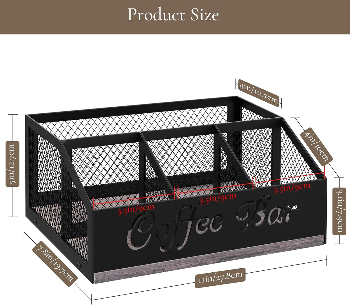 Coffee Station Organizer, Rustic Brown Wooden Countertop Coffee Bar Accessories Organizer with Metal Mesh Compartments for Pods, Syrup, Cups, Stirrer, Tea