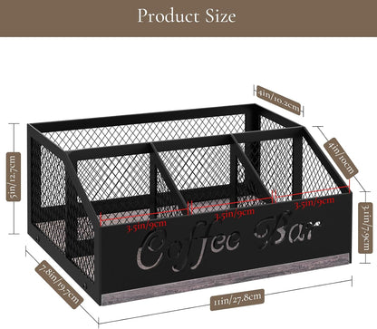 Coffee Station Organizer, Rustic Brown Wooden Countertop Coffee Bar Accessories Organizer with Metal Mesh Compartments for Pods, Syrup, Cups, Stirrer, Tea