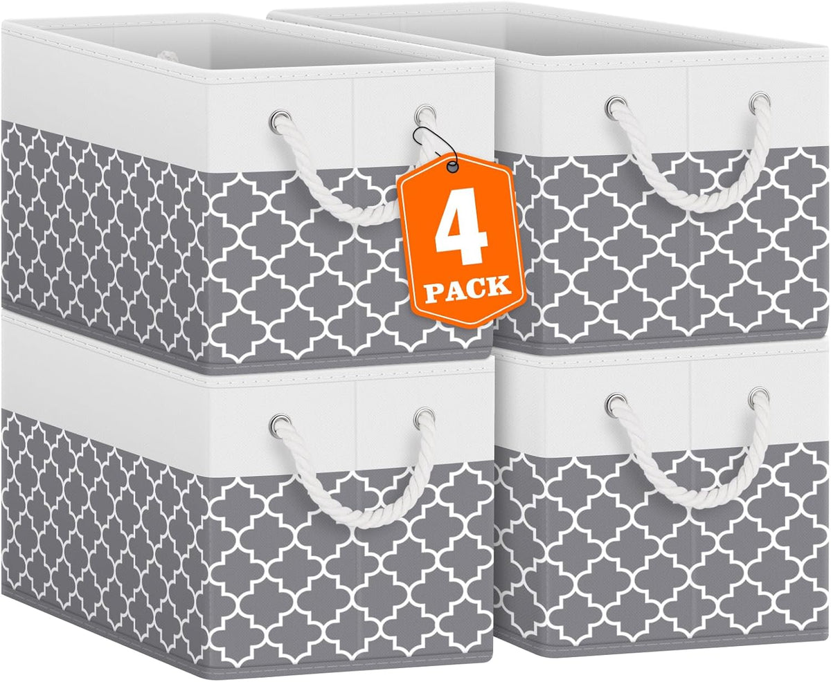 Fab totes Storage Bins, Foldable Storage Baskets for Organizing Toys, Books, Shelves, Closet, Large Storage Box with Rope Handles, Sturdy Organizer Bins, White & Grey