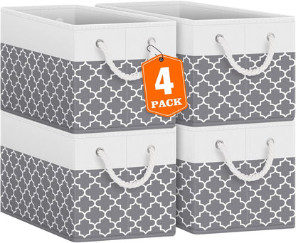 Fab totes Storage Bins, Foldable Storage Baskets for Organizing Toys, Books, Shelves, Closet, Large Storage Box with Rope Handles, Sturdy Organizer Bins, White & Grey
