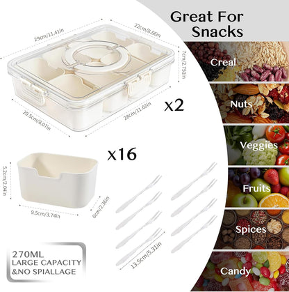 Dunruz Snackle Box Container,Portable Snack Box 8 Compartment Divided Serving Tray with Lid,Clear Storage Organizer for Fruit Candy Nuts Veggie-Perfect for Road Travel Party (8 Compartments)