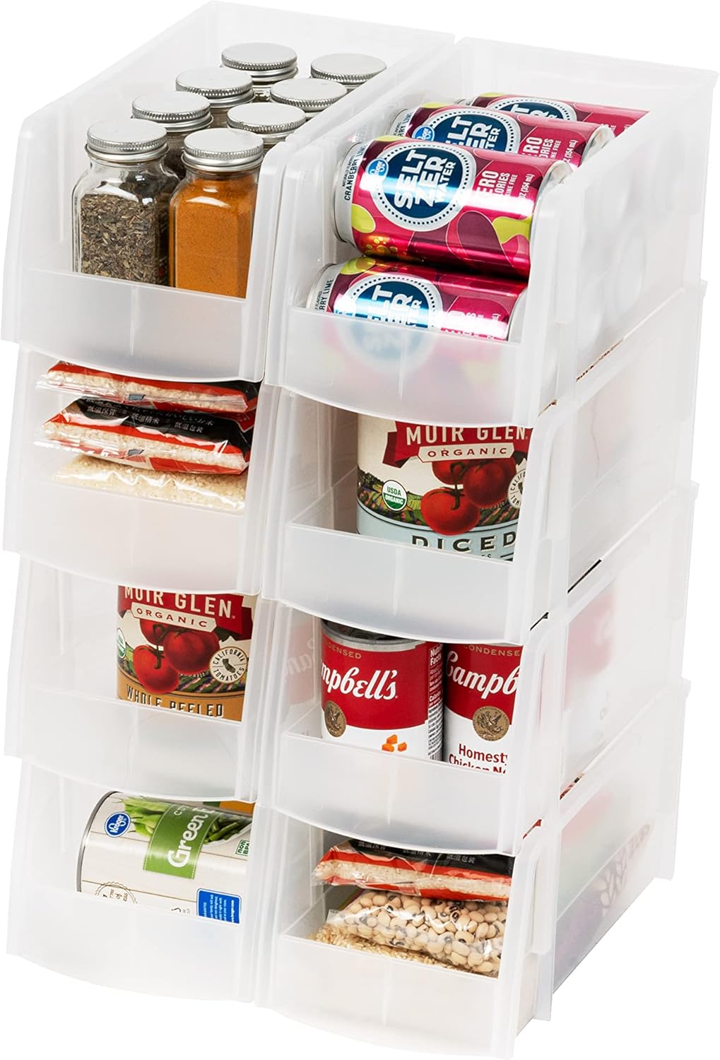 IRIS USA Clear Plastic Stackable Storage Bins, Large-, Open Front Fridge Pantry Kitchen Closet Cabinet Bathroom Organizer Basket for Organizing Snack, Cans, Office Supplies, and Coffee Pods