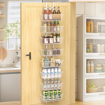 10 Tier Over the Door Pantry Organizer, Over the Door Spice Rack with Adjustable Baskets, Metal Hanging Door Pantry Organizers and Storage for Kitchen Bathroom Bedroom, White