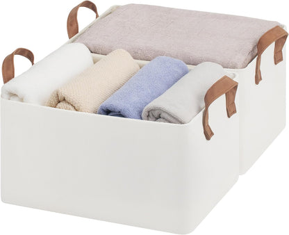 StorageWorks Storage Bins, Shelves Baskets for Organizing, Fabric Closet Organizers with Handles, Metal Frame, Beige-Cotton-linen, 2-Pack