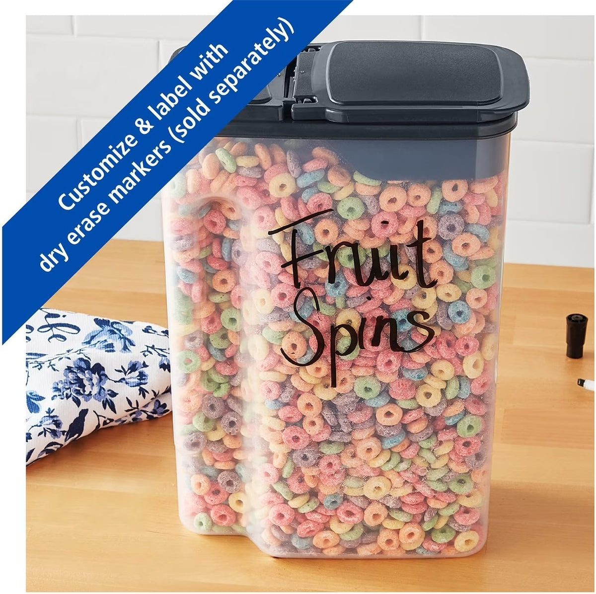 Clear Plastic Cereal Dispenser with Airtight Lid, 32 Cup Dry Food Storage Container, 9.75 x 5.38 x 13.5 Inch, Gray