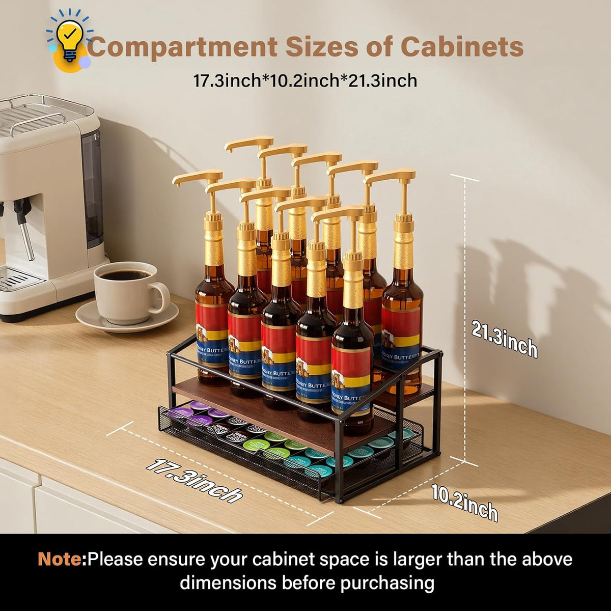 kimilus Coffee Syrup Rack Organizer, 4-Tier 12 Bottle Syrup Rack with 35 K Cup Drawer for Coffee Bar, Countertop Bottle Holder Stand for Dressing for Kitchen Cafe Station