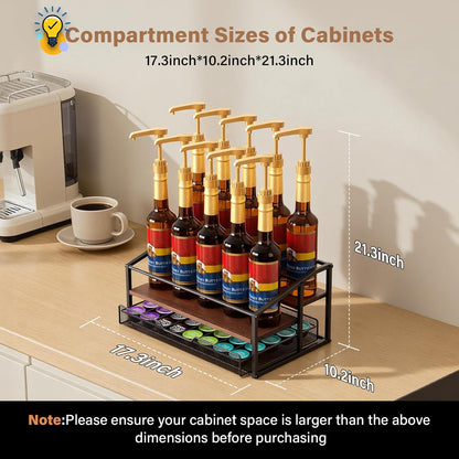 kimilus Coffee Syrup Rack Organizer, 4-Tier 12 Bottle Syrup Rack with 35 K Cup Drawer for Coffee Bar, Countertop Bottle Holder Stand for Dressing for Kitchen Cafe Station