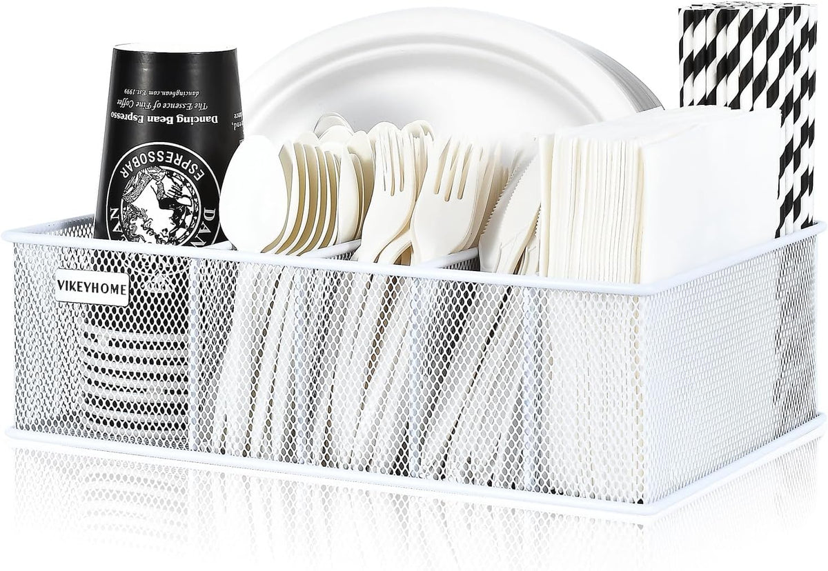 VIKEYHOME Paper Plate Organizer for Countertop, Metal Silverware Caddy with 6 Compartments for Cup, Napkin, Utensil Holder Caddy for Party, Camping, Picnic