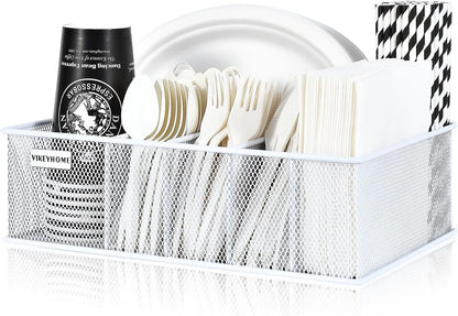 VIKEYHOME Paper Plate Organizer for Countertop, Metal Silverware Caddy with 6 Compartments for Cup, Napkin, Utensil Holder Caddy for Party, Camping, Picnic
