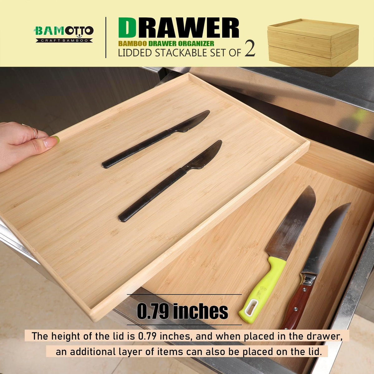 BAMOTTO CRAFTBAMBOO Stack Bamboo Drawer Organizer Set of 5, Kitchen Utensil, Flatware&Silverware Organizer-Wood Laminated Stackable for Kitchen, Bedroom, 13.4''x4.5''*2+10.2''x3.3''*2+10.2''x6.7''*1