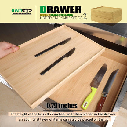 BAMOTTO CRAFTBAMBOO Stack Bamboo Drawer Organizer Set of 5, Kitchen Utensil, Flatware&Silverware Organizer-Wood Laminated Stackable for Kitchen, Bedroom, 13.4''x4.5''*2+10.2''x3.3''*2+10.2''x6.7''*1