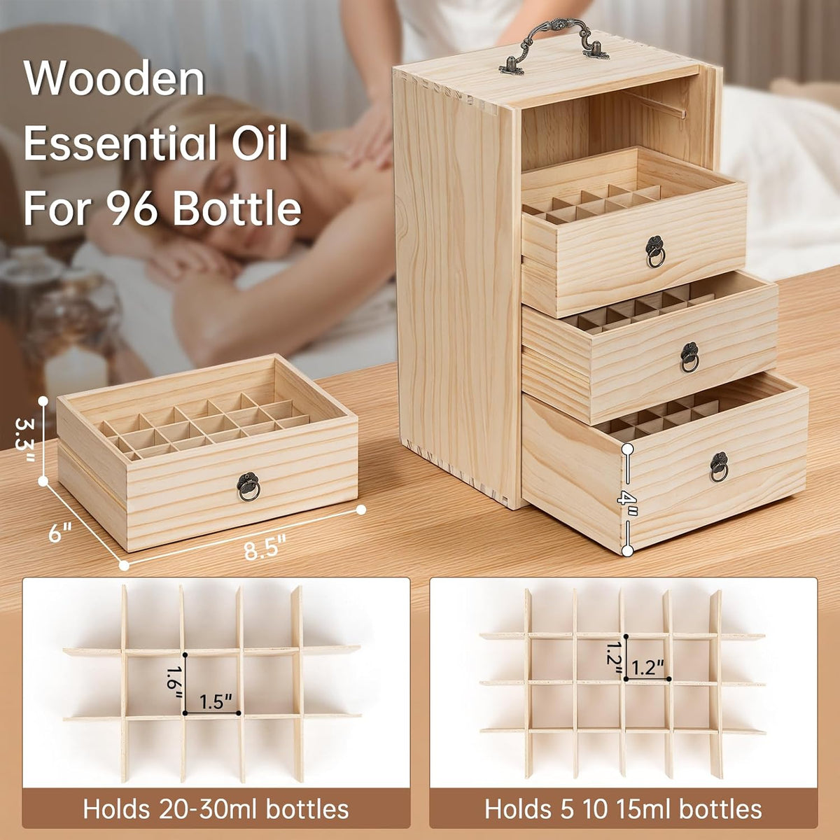 TORIBIO Essential Oil Storage Box for 60 Bottles, Wooden Essential Oils Holder Organizer Holds 5-30ml for Young Living & Doterra Bottles