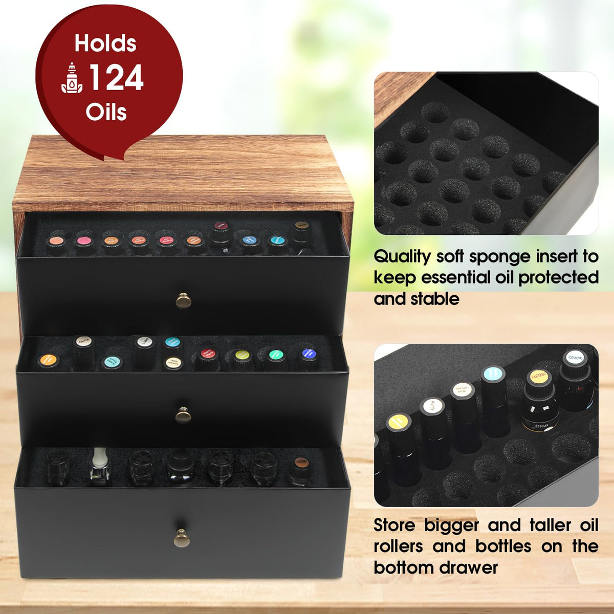 J JACKCUBE DESIGN Essential Oil Storage Box, Holds up to 124 Bottles 5-30 ml Standard and Roller Bottles, 3 Tier Metal & Wooden Drawer Case Organizer Display Container- MK584A