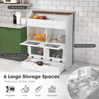 Patiorama Wood Potato and Onion Storage Bin Box with Lid, 4-Tier Farmhouse Wooden Bread Box Cabinet with 2 Mesh Doors & Rolling Drawer, Large Vegetable Storage Bin Organizer for Kitchen Pantry White