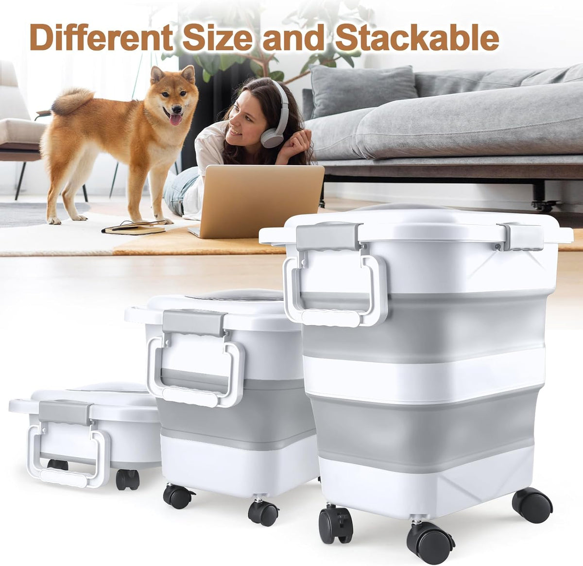 Dog Food Storage Container，10-25 lbs Airtight Collapsible Cat Food Storage Container with Attachable Wheels, Portable Handle, Dog Food Scoop for Dog Cat Bird Pet Dry Food Storage Bin Dark Grey