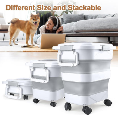 Dog Food Storage Container，10-25 lbs Airtight Collapsible Cat Food Storage Container with Attachable Wheels, Portable Handle, Dog Food Scoop for Dog Cat Bird Pet Dry Food Storage Bin Dark Grey