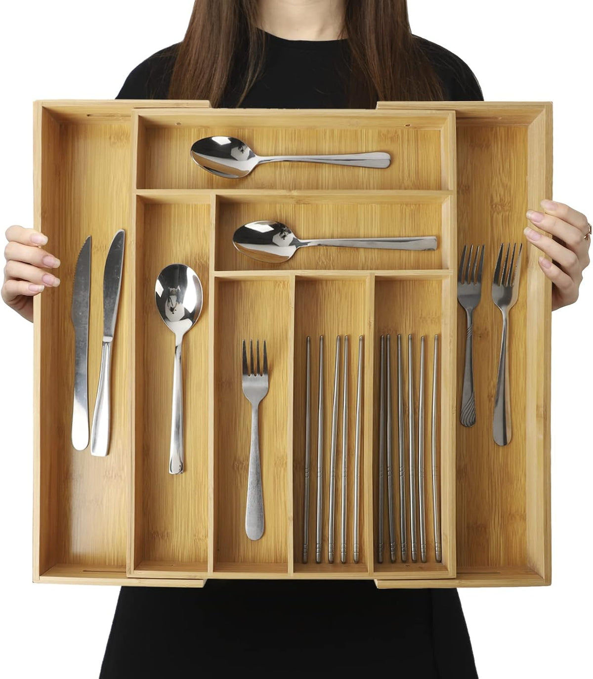 BAMOTTO CRAFTBAMBOO Stack Bamboo Drawer Organizer Set of 5, Kitchen Utensil, Flatware&Silverware Organizer-Wood Laminated Stackable for Kitchen, Bedroom, 13.4''x4.5''*2+10.2''x3.3''*2+10.2''x6.7''*1