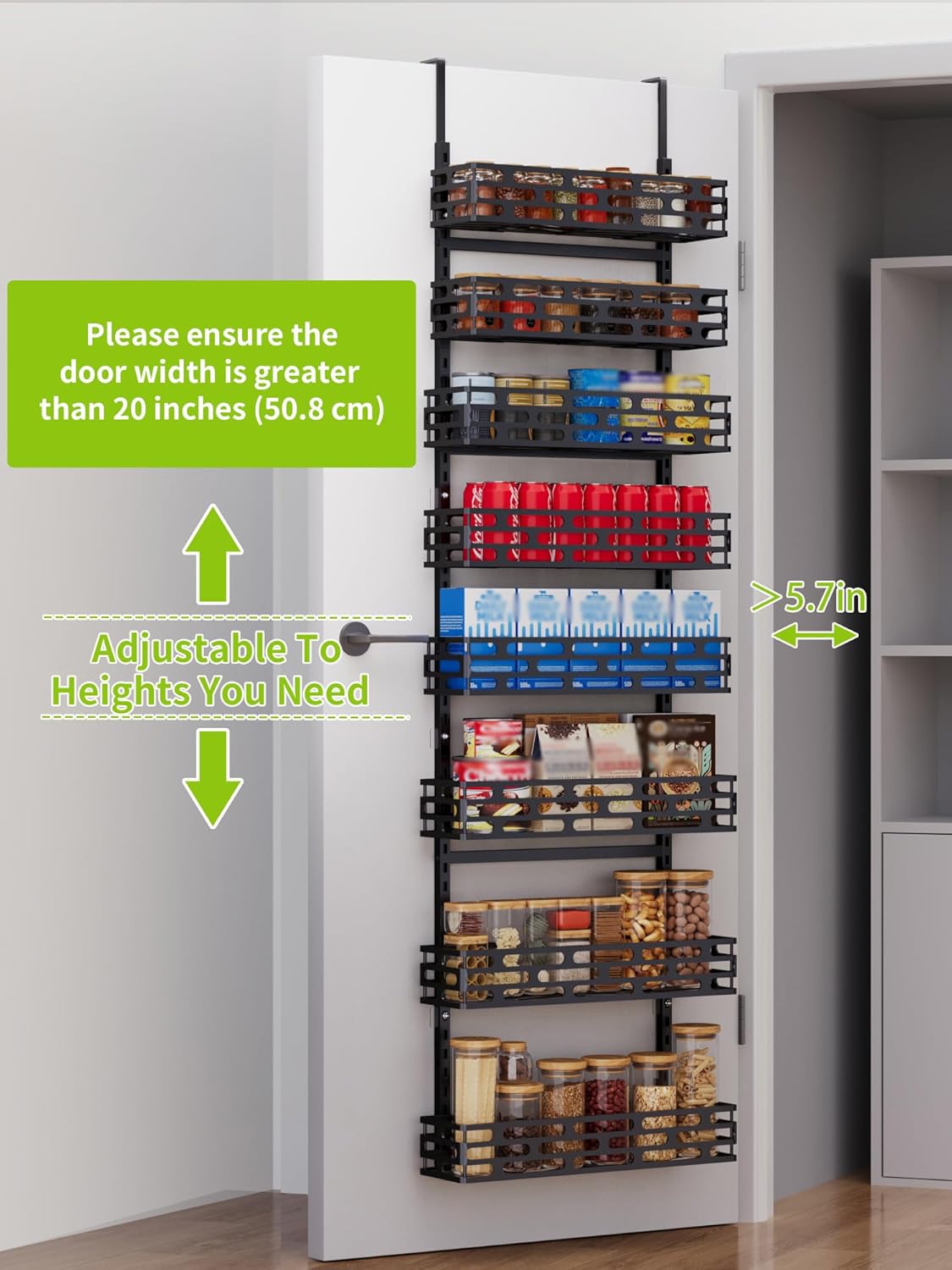 6-Tier Over the Door Pantry Organizer, Pantry Organization And Storage, Hanging Storage Organizer Spice Rack Metal Shelving for Home & Kitchen, Office Laundry Room Bathroom Black