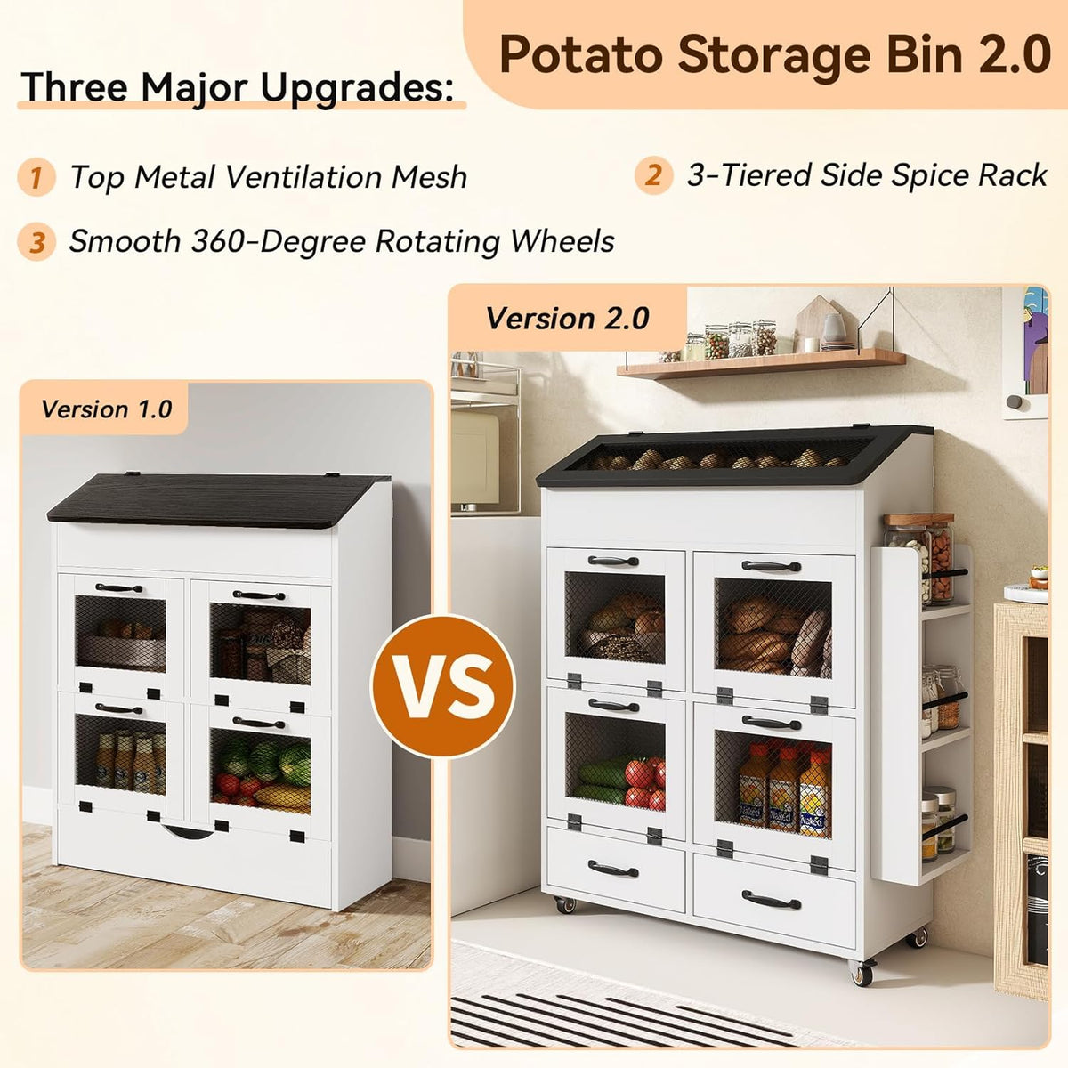 Verano Garden Potato and Onion Storage Bin on Wheels, Wood Bread Box with Lid & Mesh Doors, 4-Tier Rolling Fruit and Vegetable Storage Organizer w/Drawer & Side Rack for Kitchen (Rustic Brown, 16.0")