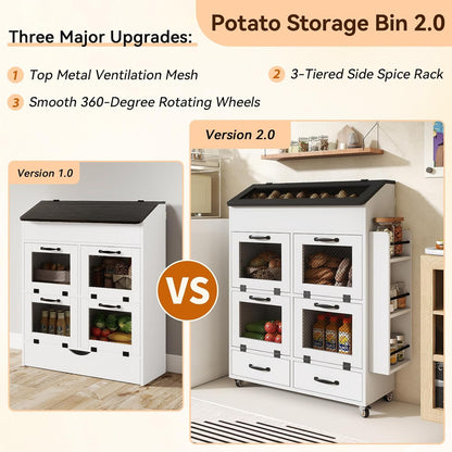 Verano Garden Potato and Onion Storage Bin on Wheels, Wood Bread Box with Lid & Mesh Doors, 4-Tier Rolling Fruit and Vegetable Storage Organizer w/Drawer & Side Rack for Kitchen (Rustic Brown, 16.0")