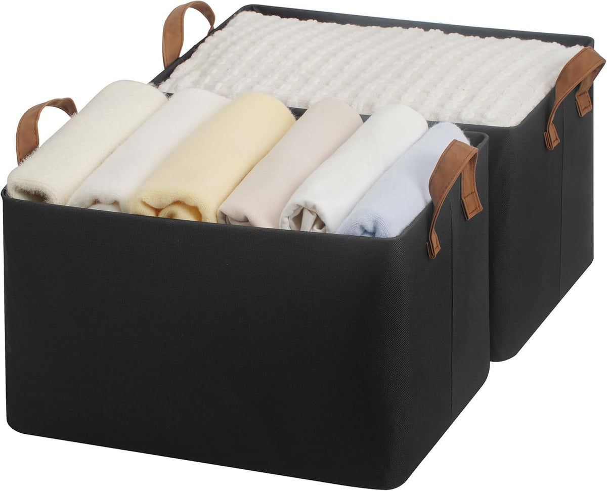 StorageWorks Storage Bins, Shelves Baskets for Organizing, Fabric Closet Organizers with Handles, Metal Frame, Beige-Cotton-linen, 2-Pack