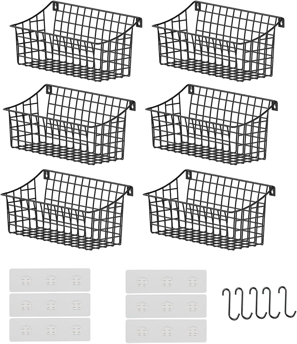 Sonyabecca 6 Pack Hanging Wall Basket for Organizing, Large Wire Basket for Storage Pantry with 5 S Hook+6 Adhesive Hook, Wall Mounted Shelf for Kitchen Bathroom