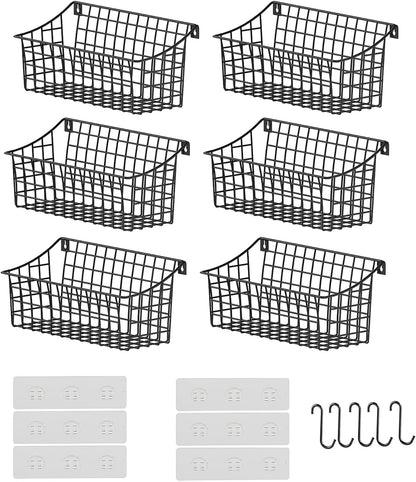 Sonyabecca 6 Pack Hanging Wall Basket for Organizing, Large Wire Basket for Storage Pantry with 5 S Hook+6 Adhesive Hook, Wall Mounted Shelf for Kitchen Bathroom