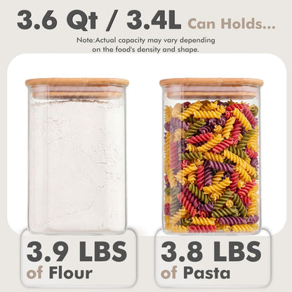 3-Pack 2.2Qt Square Glass Spaghetti Jars with Bamboo Lids, Tall Food Storage Containers for Pantry Organization, Elegant Kitchen Storage Canister for Pasta, Penne, Macaroni, Lasagna, Fusilli
