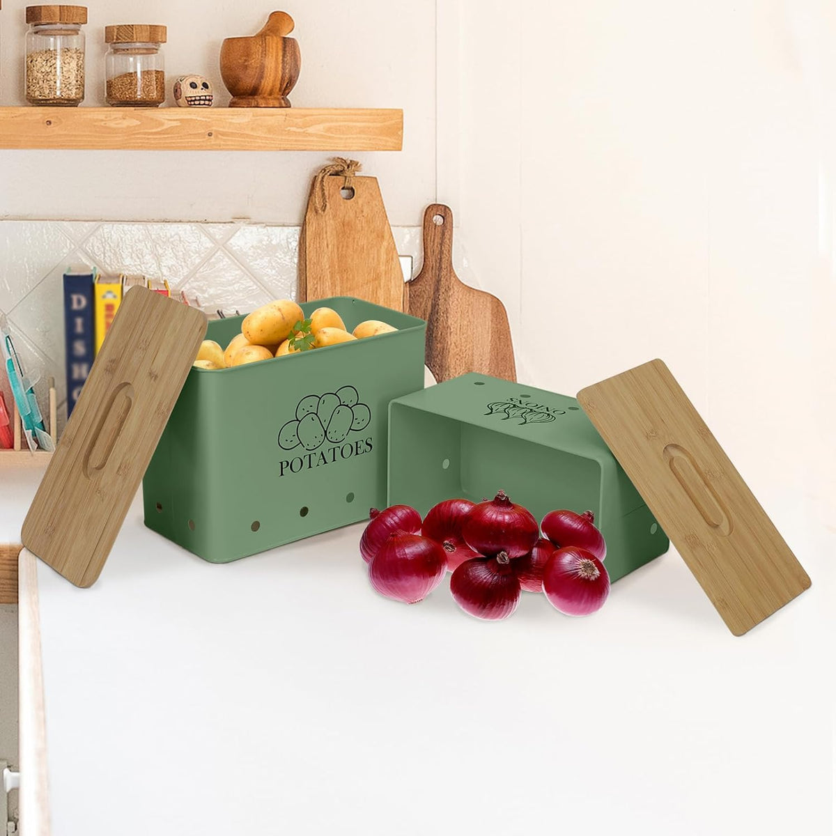 Potato and Onion Storage Bin Set of 2, Vented Metal Vegetable Storage with Wooden Lids, Farmhouse Kitchen Canisters for Countertop Pantry Organizer, Potato Bin Onion Holder for Produce Storage, Black